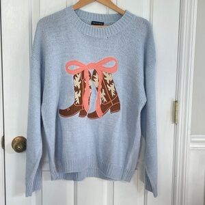 Aqua Blues Cowgirl Women's XL Sweater Boots  Pink Bow  Coastal Cowgirl Boutique